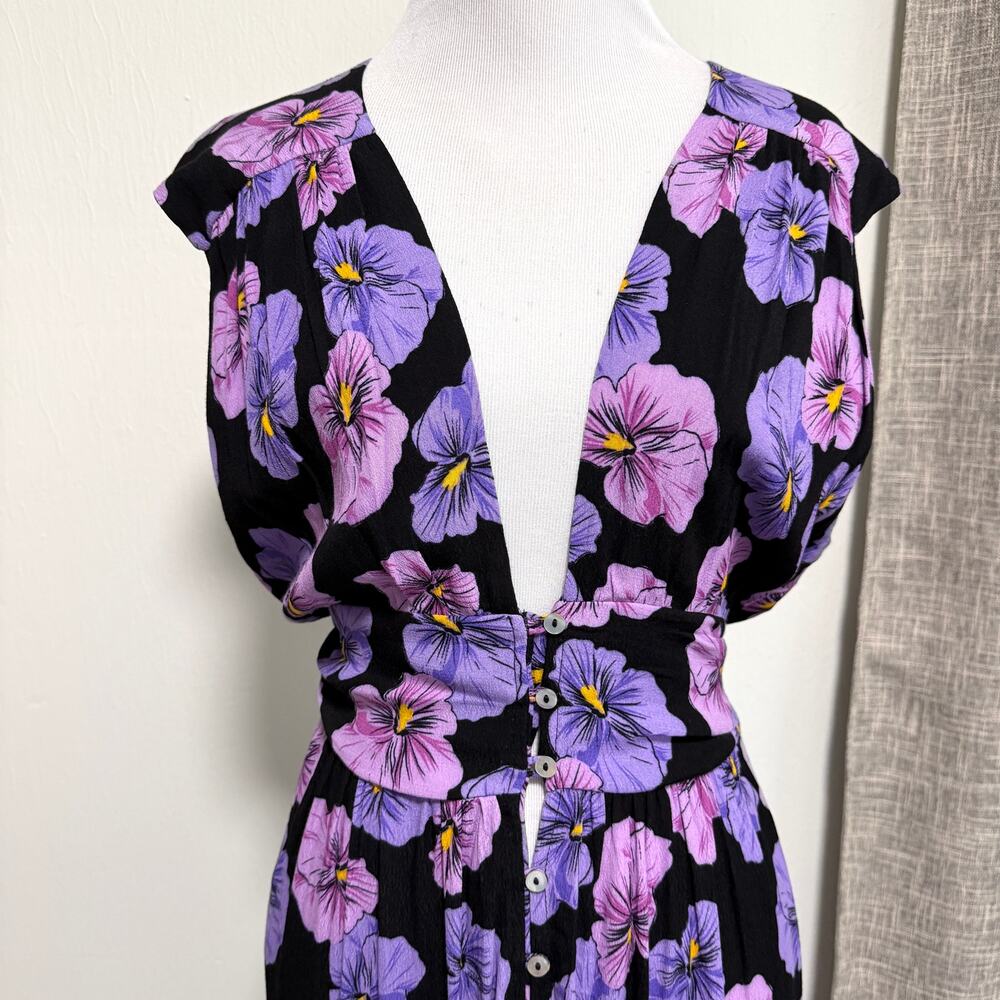 Ava Sky Hawaii Womens Floral Maxi Dress L Black Purple Deep V-Neck Front Slit - Picture 5 of 12